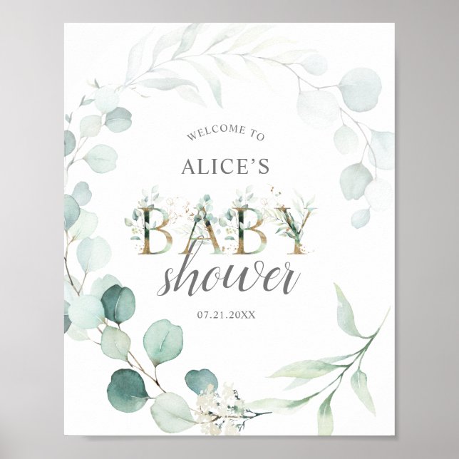 Póster Signo de bienvenida Eucalipto Baby Shower botánico (Frente)