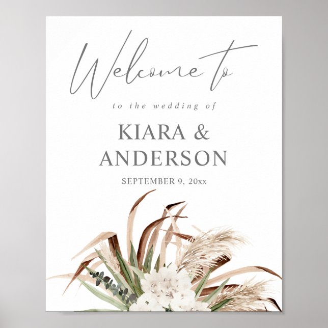 Póster Signo de bienvenida floral Boho Eucalyptus Pampas  (Frente)