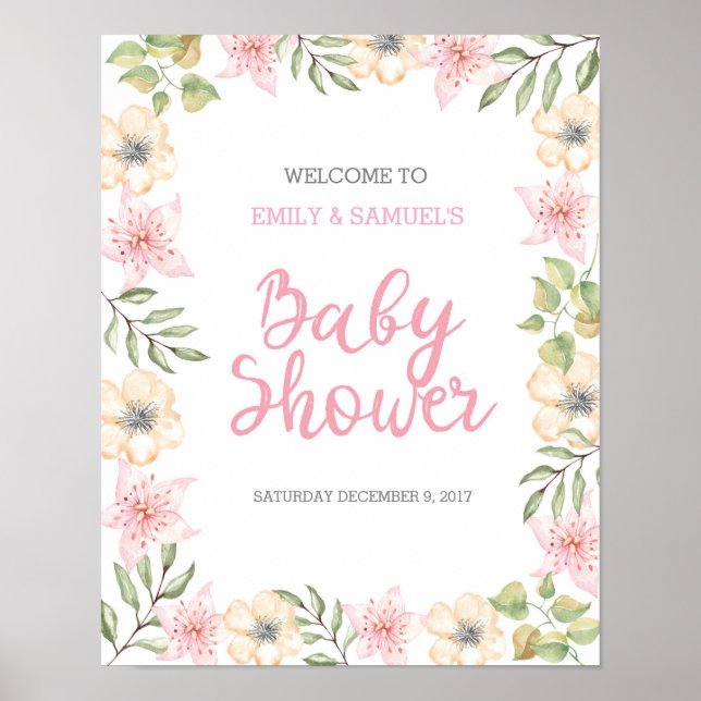Póster Signo de bienvenida floral de Baby Shower (Frente)