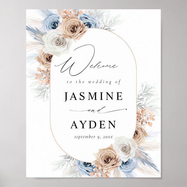 Póster Signo de bienvenida floral de Boho azul y beige (Frente)
