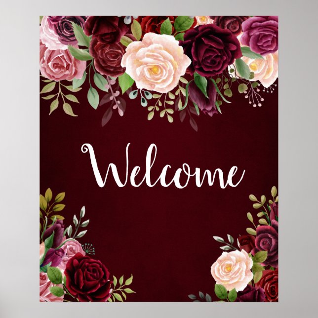 Póster signo de bienvenida floral de burgundy boda (Frente)
