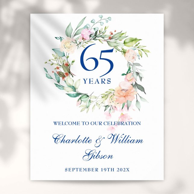 Póster Signo de bienvenida floral del 45 al 65 aniversari (45 - 65th Wedding Anniversary Floral Welcome Sign)