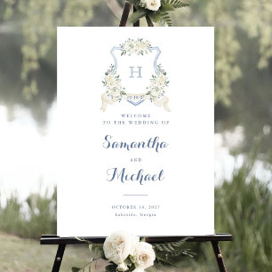 Póster Signo de bienvenida Floral Elegante Escudo azul tu