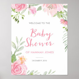 Póster Signo de bienvenida floral rosa de Baby Shower