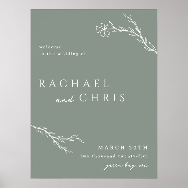 Póster Signo de bienvenida floral verde sage moderna y te (Frente)