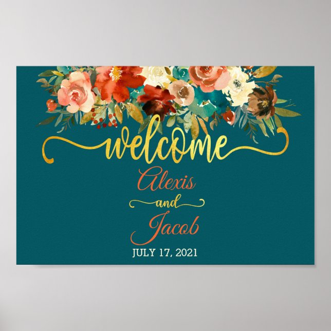 Póster Signo de bienvenida Floral Wedding - Boda Verde az (Frente)