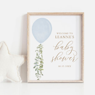 Póster Signo de bienvenida Globo azul Eucalyptus Baby Sho