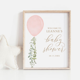 Póster Signo de bienvenida Globo rosa Eucalyptus Baby Sho