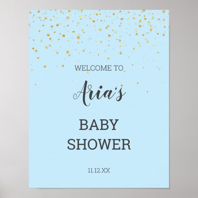 Póster Signo de bienvenida Gold Confetti Blue Baby Shower (Frente)