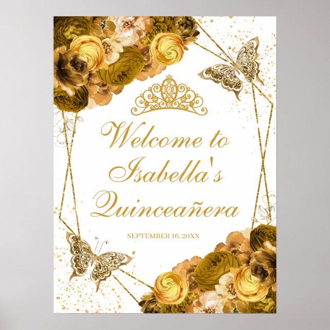 Póster Signo de bienvenida Gold Floral Quinceanera (Frente)