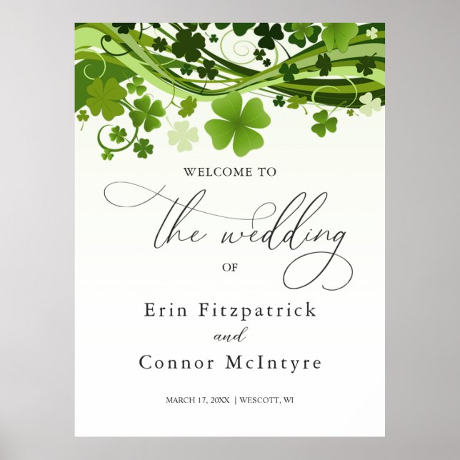 Póster Signo de bienvenida irlandés Shamrock Swirls Boda (Frente)