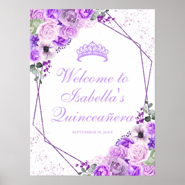 Póster Signo de bienvenida Lilac Purple Floral Quinceaner (Frente)