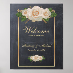 Póster Signo de bienvenida Marco dorado de rosas blancas