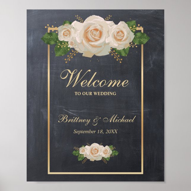 Póster Signo de bienvenida Marco dorado de rosas blancas  (Frente)