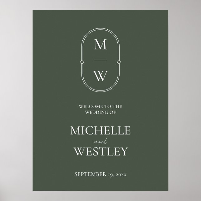 Póster Signo de bienvenida mínimo de Monograma Moss Verde (Frente)