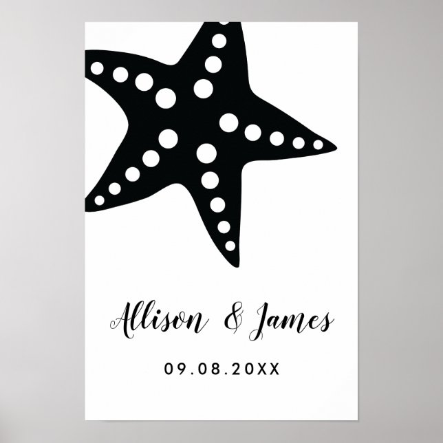Póster Signo de bienvenida moderno de Boda Starfish, negr (Frente)