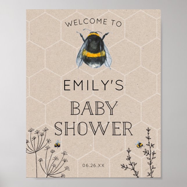 Póster Signo de bienvenida natural de Bee Baby Shower (Frente)