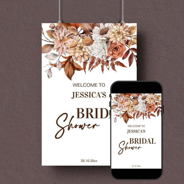 Póster Signo de bienvenida para la ducha de novia en el d (Earthy boho bridal shower welcome sign poster instant download terracotta brown dried flowers fall)