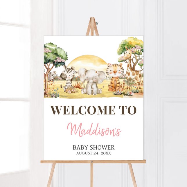 Póster Signo de bienvenida para los animales de la selva  (Girl Safari Animals Baby Shower Welcome Sign)