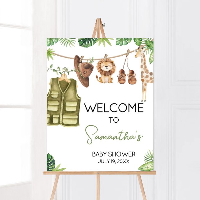 Póster Signo de bienvenida para los animales de la selva  (Tropical Safari Jungle Animals Clothesline Baby Shower Welcome Sign)