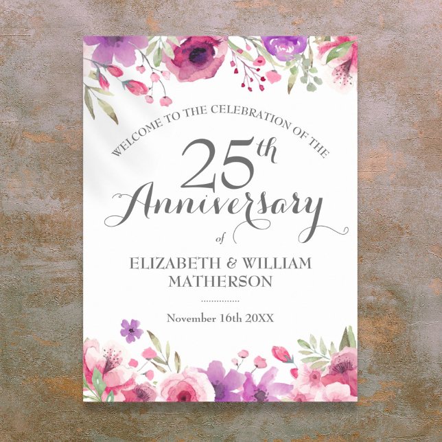 Póster Signo de bienvenida para los Rosas de acuarela en  (25th Anniversary Watercolor Roses Welcome Sign)