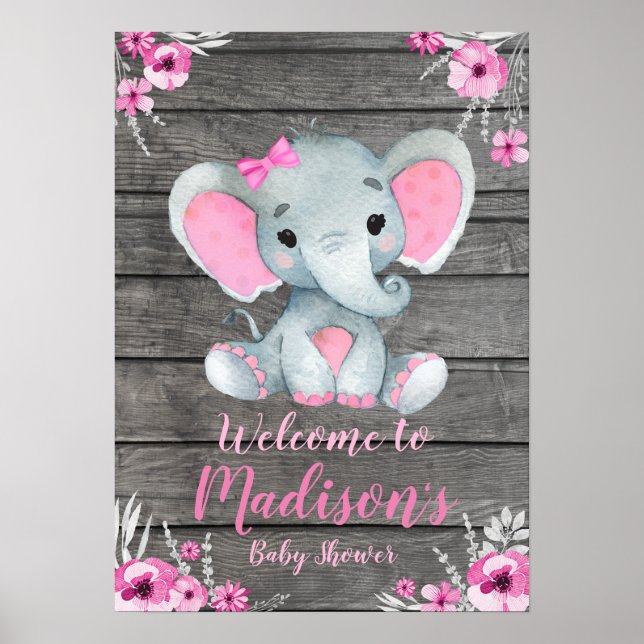 Póster Signo de bienvenida Poster elefante floral rosada  (Frente)