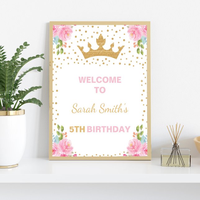 Póster Signo de bienvenida Princess, bienvenida a cumplea (Princess Welcome Sign, Princess Birthday Welcome Poster)