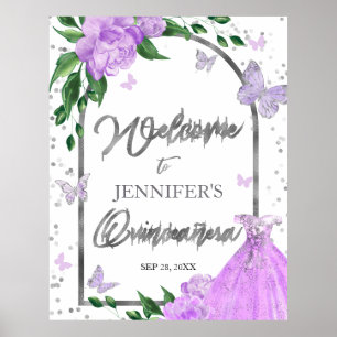 Póster Signo de bienvenida Quinceanera Butterflys Lavende