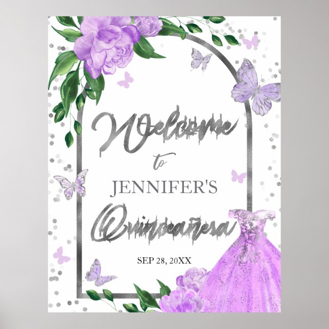 Póster Signo de bienvenida Quinceanera Butterflys Lavende (Frente)