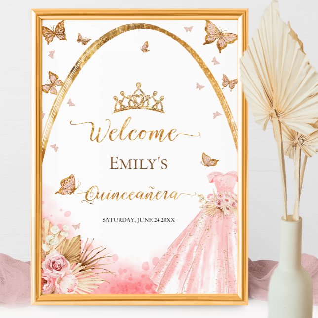 Póster Signo de bienvenida Quinceanera | Floral Rubor Pin (Subido por el creador)