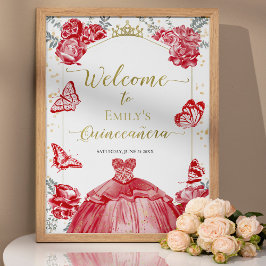 Póster Signo de bienvenida Quinceanera Rojo Vestido Flora