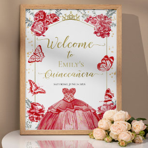 Póster Signo de bienvenida Quinceanera Rojo Vestido Flora