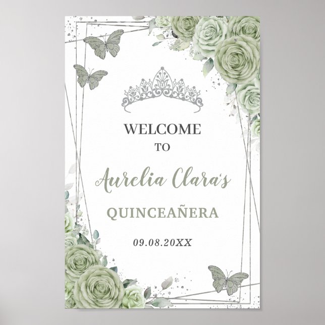 Póster Signo de bienvenida Quinceañera Sage Green Floral (Frente)