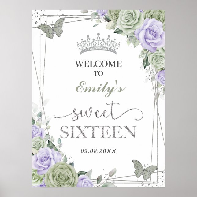 Póster Signo de bienvenida Quinceanera Sage Green Purple  (Frente)