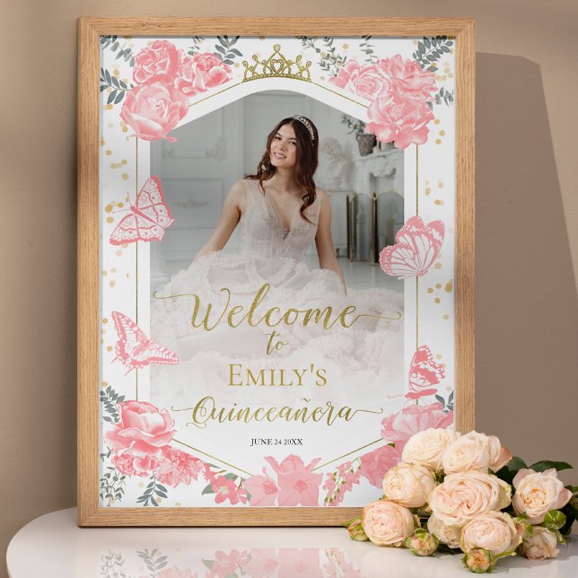 Póster Signo de bienvenida Quinceanera Vestido rosa Dorad (Subido por el creador)