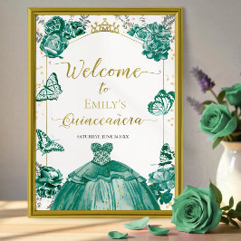 Póster Signo de bienvenida Quinceanera Vestido verde esme