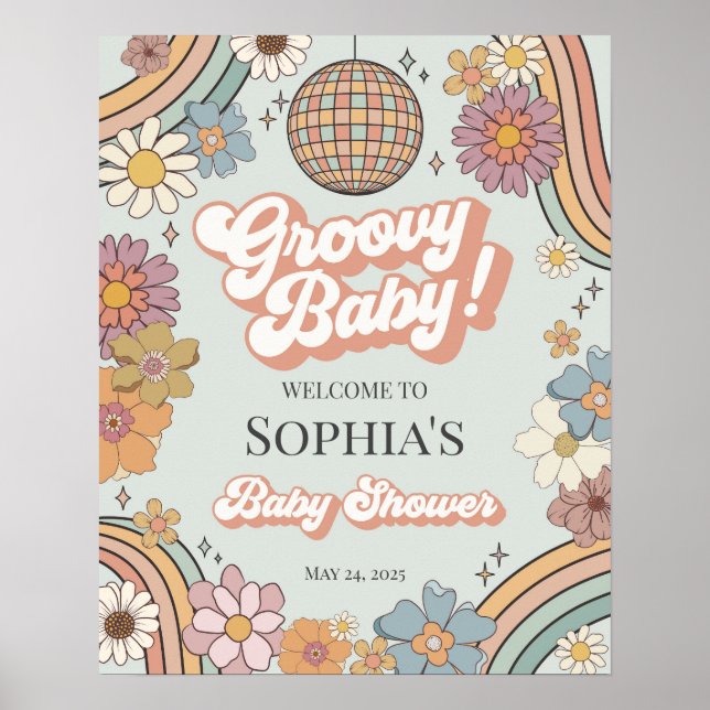 Póster Signo de bienvenida retro de Baby Shower Groovy (Frente)