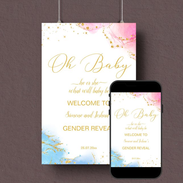Póster Signo de bienvenida revelador de género oh azul ro (Gender reveal party welcome sign template instant download pink and blue gold glitter)
