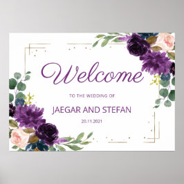 Póster Signo de bienvenida romántico Boda floral azul