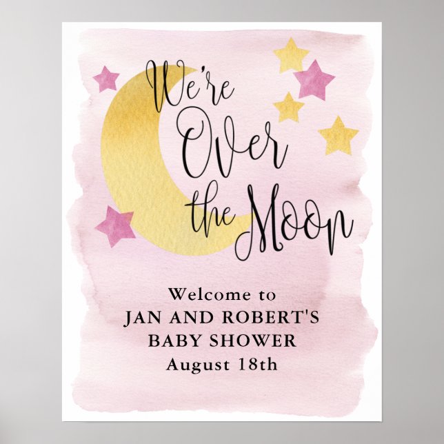 Póster Signo de bienvenida rosa de Baby Shower en la luna (Frente)
