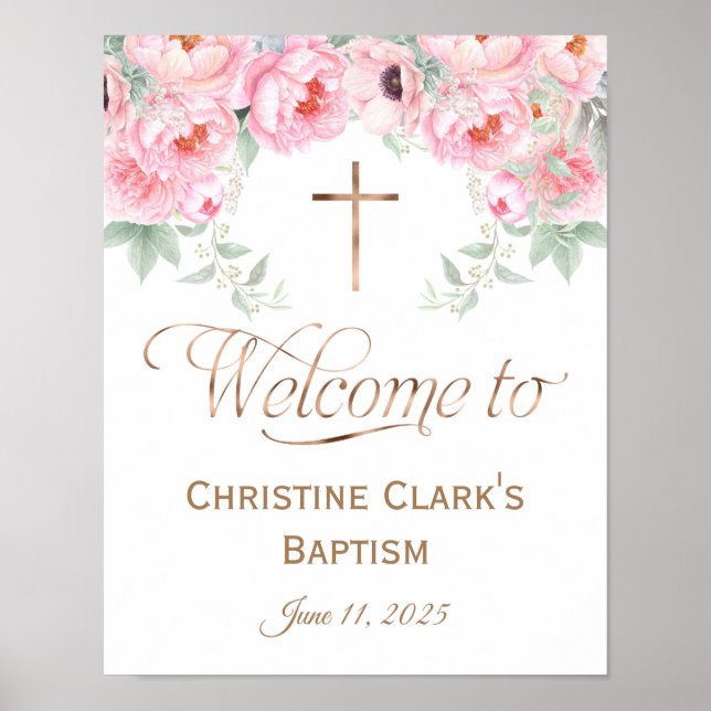 Póster Signo de bienvenida rosa, floral, Chica, bautismo, (Frente)