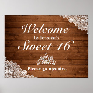 Póster Signo de bienvenida Rustic Wood & Lace Tiara Sweet