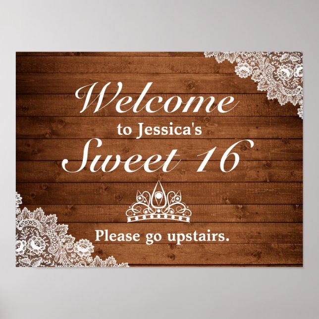 Póster Signo de bienvenida Rustic Wood & Lace Tiara Sweet (Frente)