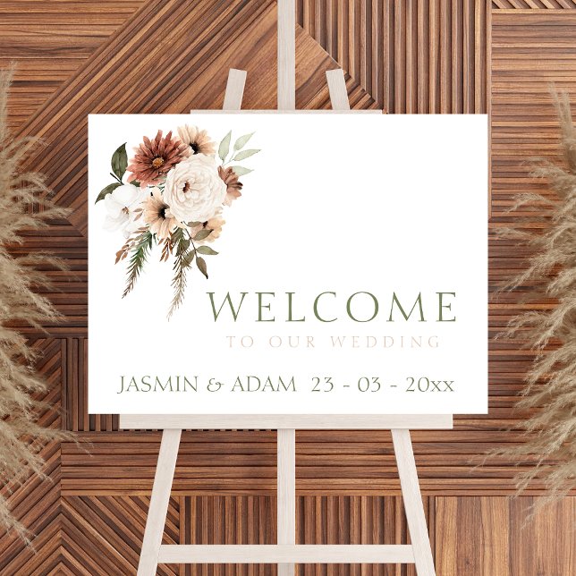 Póster Signo de bienvenida rustica de color verde de barb (Elegant Peach Green Floral Wedding Welcome Sign)