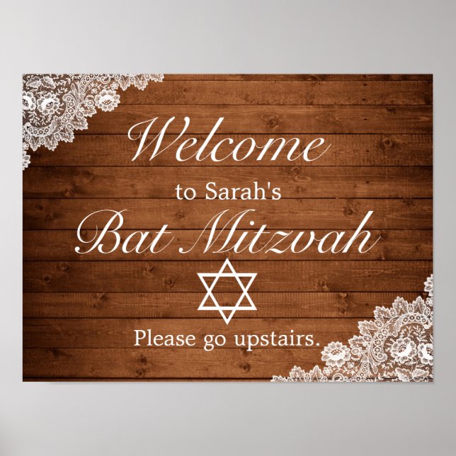 Póster Signo de bienvenida rustico de Bat Mitzvah de bar  (Frente)