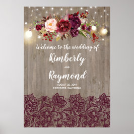 Póster Signo de bienvenida rustico de Boda floral borgoño