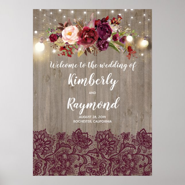 Póster Signo de bienvenida rustico de Boda floral borgoño (Frente)