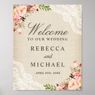 Póster Signo de bienvenida rustico de Boda floral Burlap