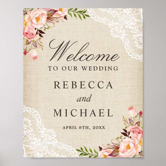 Póster Signo de bienvenida rustico de Boda floral Burlap  (Frente)