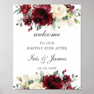 Póster Signo de bienvenida rustico de Boda floral de marf